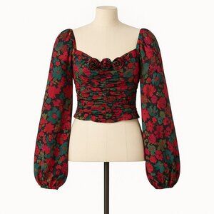 Free People Oh LaylaFloral Crop Top Sz Small Black Combo Smocking Balloon Sleeve